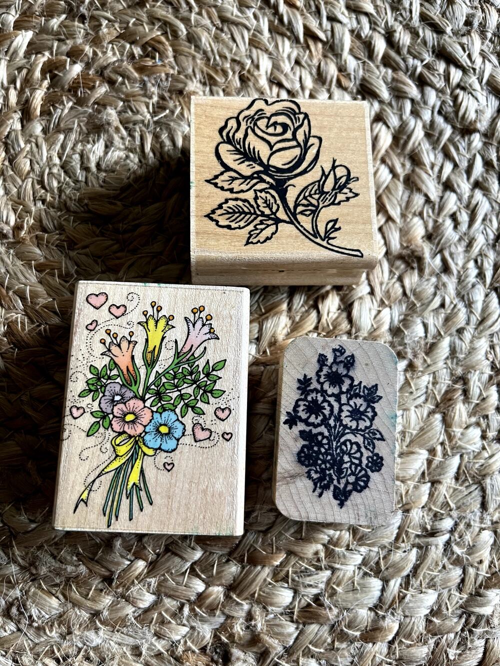 Wood Mounted Rubber Stamp Lot Set of 3 Floral Rose Bouquet Handmade USA Crafts